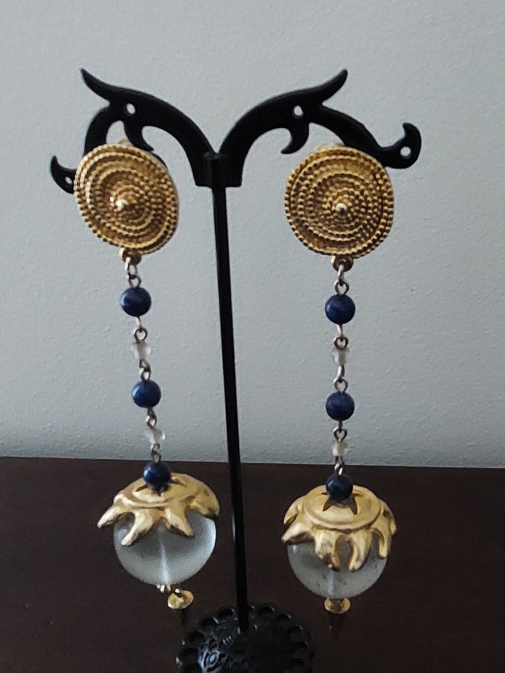 Gold and Navy Beaded Drop Clip Earrings with Glass Orbs